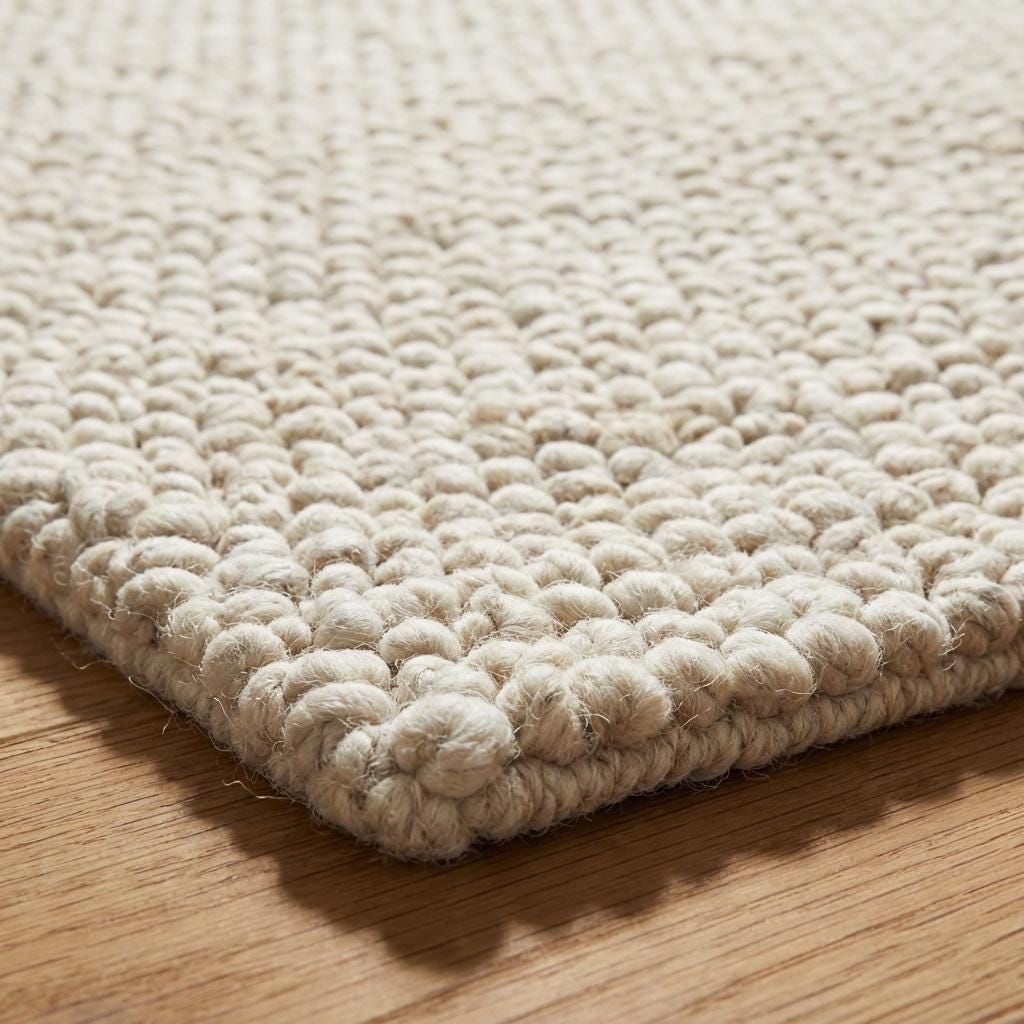 Handwoven chunky wool rug with textured neutral Scandinavian design in cream-beige tones