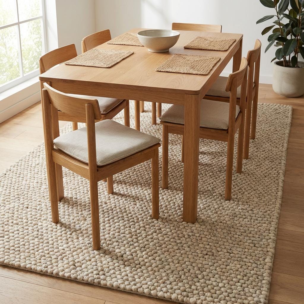 Handwoven chunky wool rug with textured looped surface in neutral Scandinavian decor style