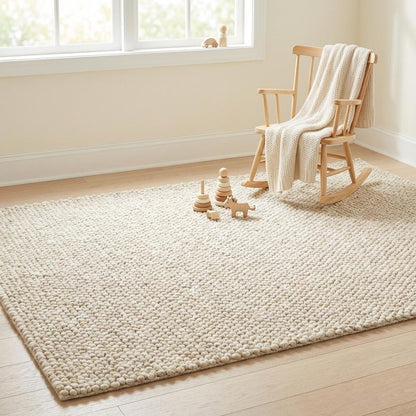 Handwoven chunky wool rug with textured neutral Scandinavian design in cream-beige tones