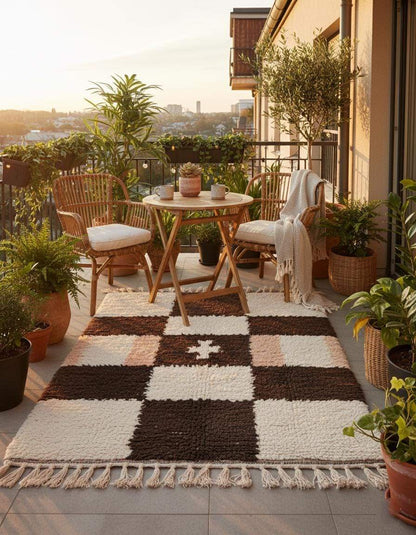 Handwoven Moroccan wool shag rug with cream and chocolate checkerboard pattern and peach accents