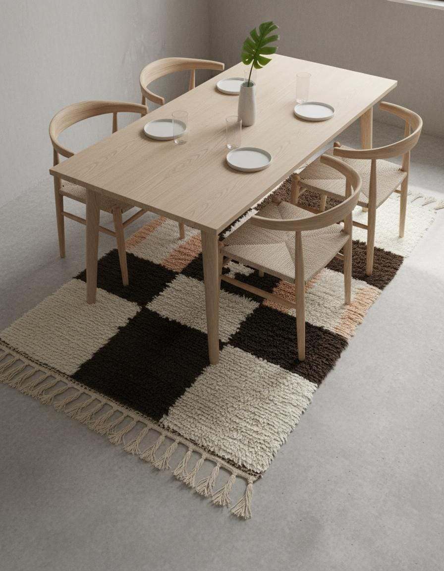 Handwoven Moroccan wool shag rug with cream and chocolate checkerboard pattern and soft peach accents