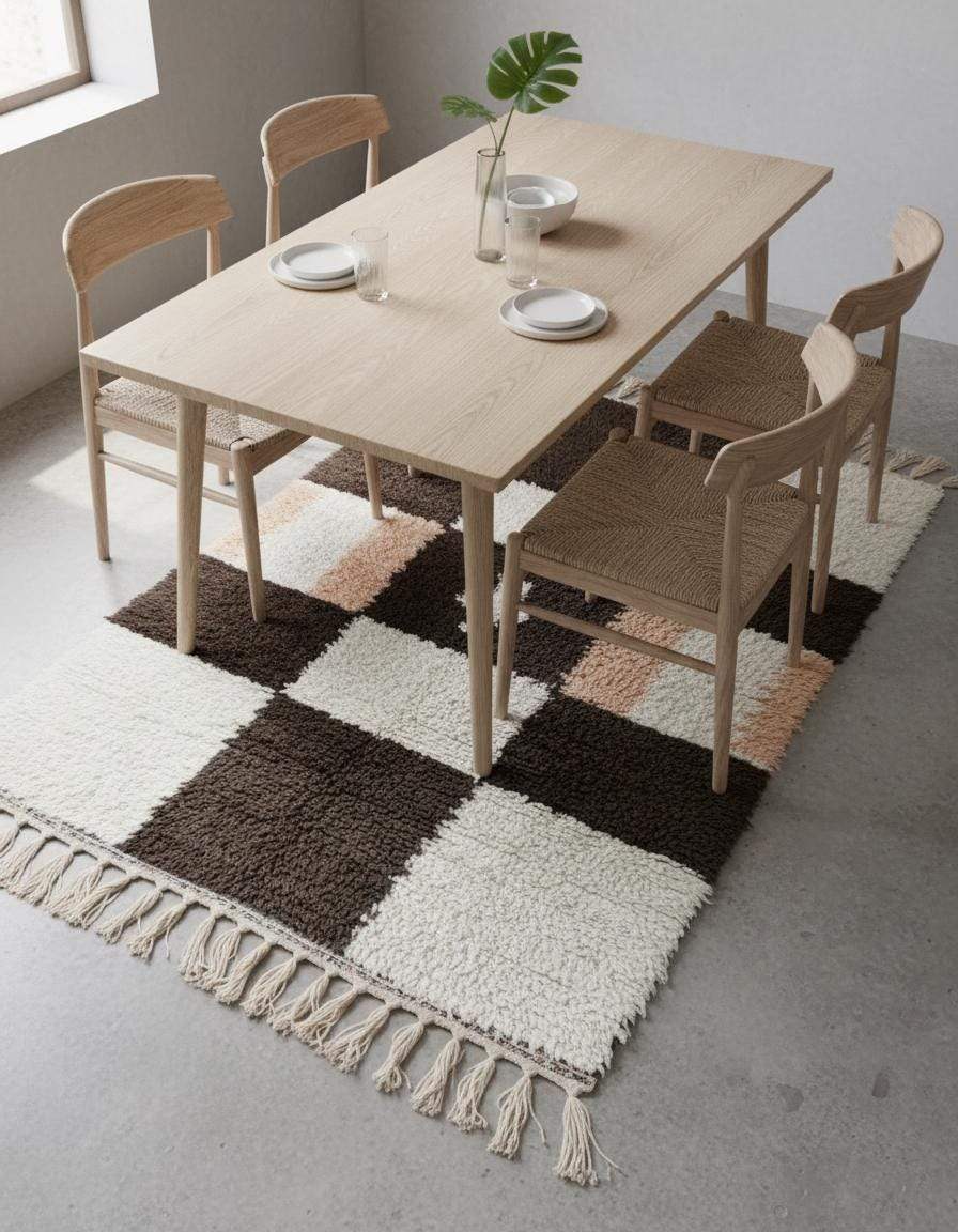 Handwoven Moroccan wool shag rug with cream and chocolate checkerboard pattern and peach accents