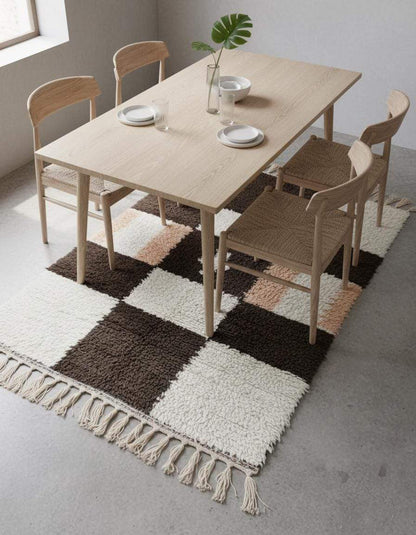 Handwoven Moroccan wool shag rug with cream and chocolate checkerboard pattern and peach accents