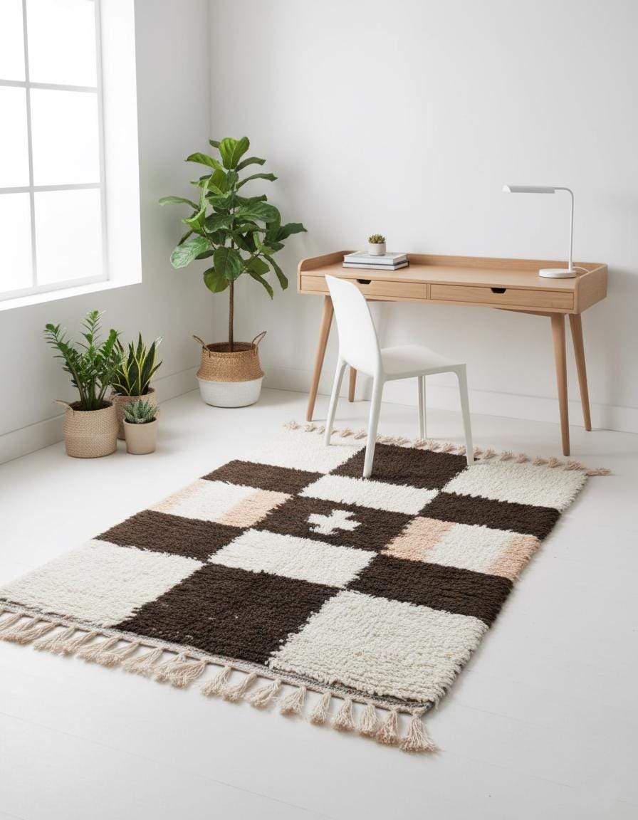 Handwoven Moroccan wool shag rug with cream and chocolate checkerboard pattern and peach accents