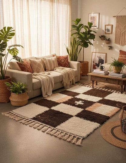 Handwoven Moroccan wool shag rug in cream and chocolate checkerboard with peach accents and fringe detail