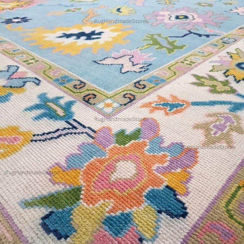 Handwoven Oushak Rug: Sky Blue, Aqua & Mustard Turkish Boho Carpet