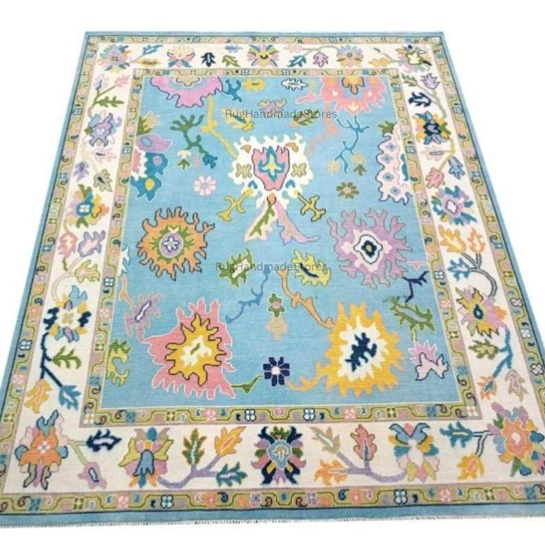 Handwoven Oushak Rug: Sky Blue, Aqua & Mustard Turkish Boho Carpet