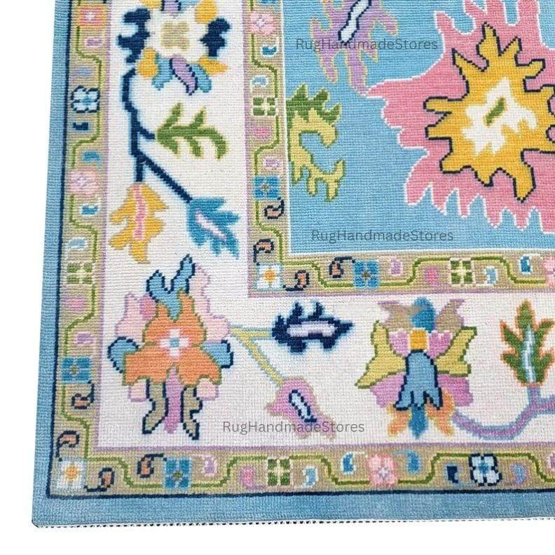 Handwoven Oushak Rug: Sky Blue, Aqua & Mustard Turkish Boho Carpet