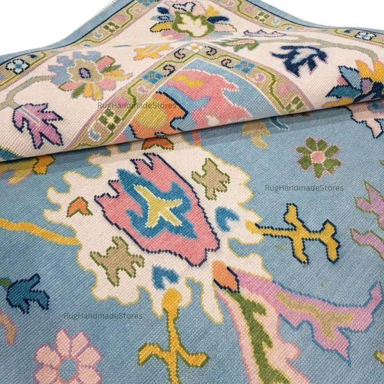 Handwoven Oushak Rug: Sky Blue, Aqua & Mustard Turkish Boho Carpet