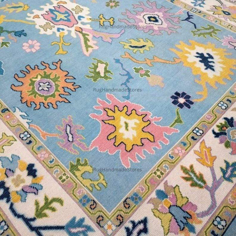 Handwoven Oushak Rug: Sky Blue, Aqua & Mustard Turkish Boho Carpet