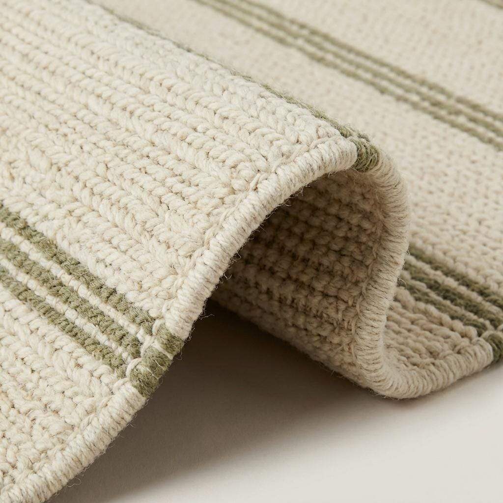 Handwoven wool area rug with chunky knit, green stripes, cream base, and tassels