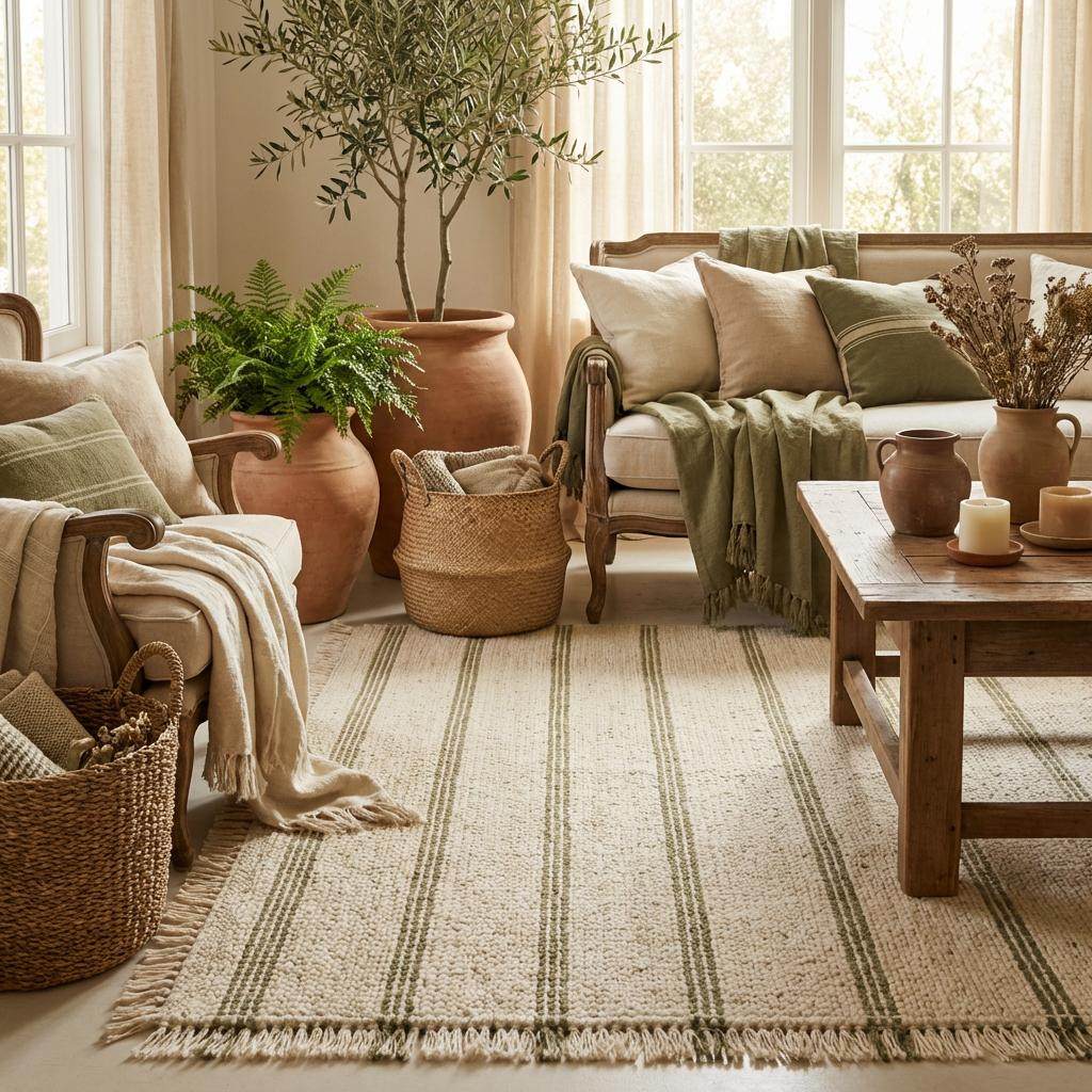 Handwoven wool area rug with chunky knit, green stripe, and tassels in neutral tones