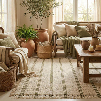 Handwoven wool area rug with chunky knit, green stripe, and tassels in neutral tones