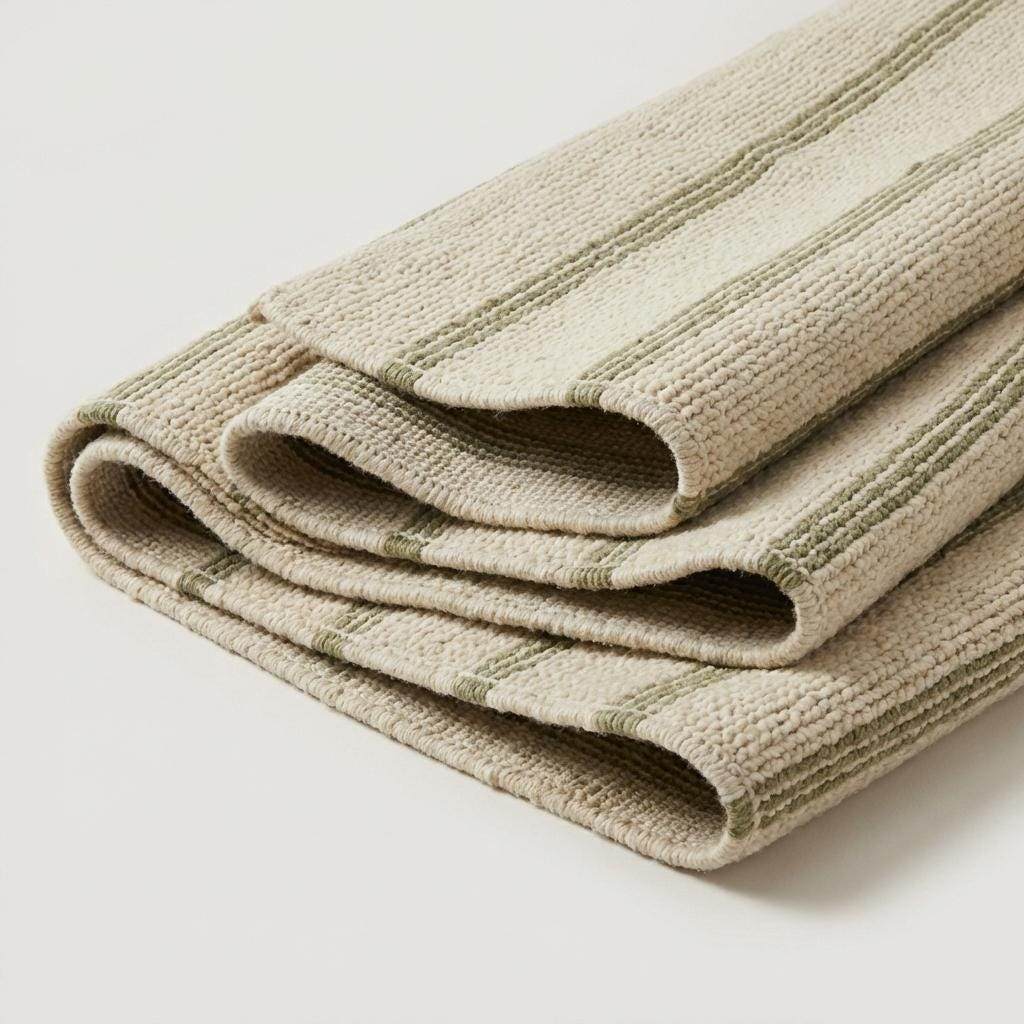 Handwoven wool area rug with chunky knit, green stripes, and tassels on neutral cream background