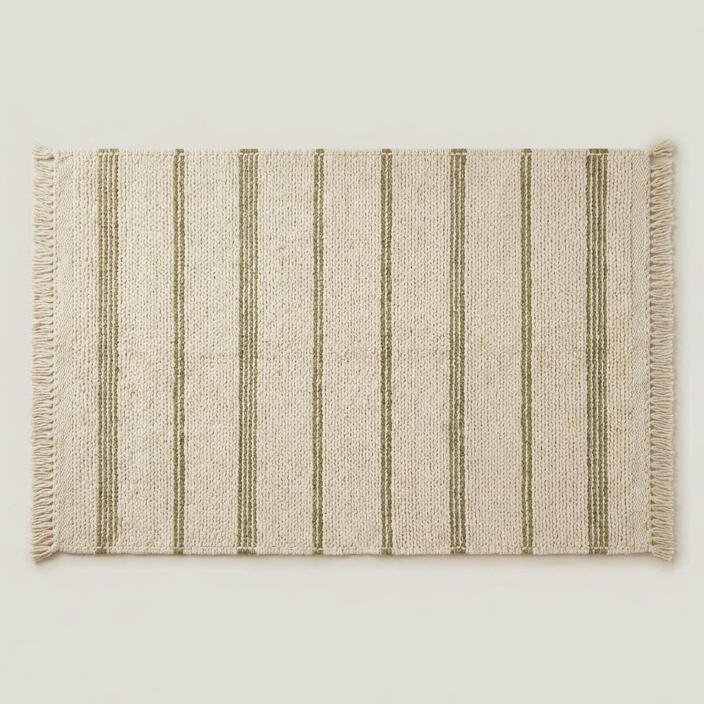Handwoven wool area rug with chunky knit, green stripes, and tassels on neutral cream background