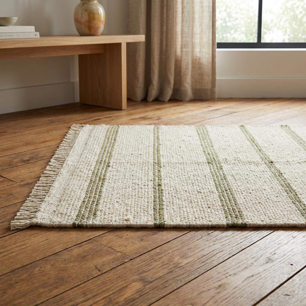 Handwoven wool area rug with chunky knit, green stripes, and tassels on neutral cream background
