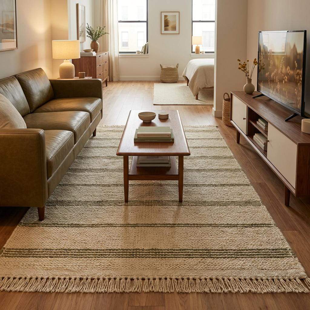 Handwoven wool area rug with chunky knit, green stripes, tassels, and neutral cream tones