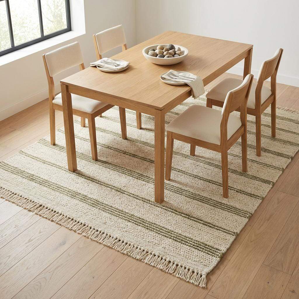 Handwoven wool area rug with chunky knit, green stripes, and tassels in neutral cream tones