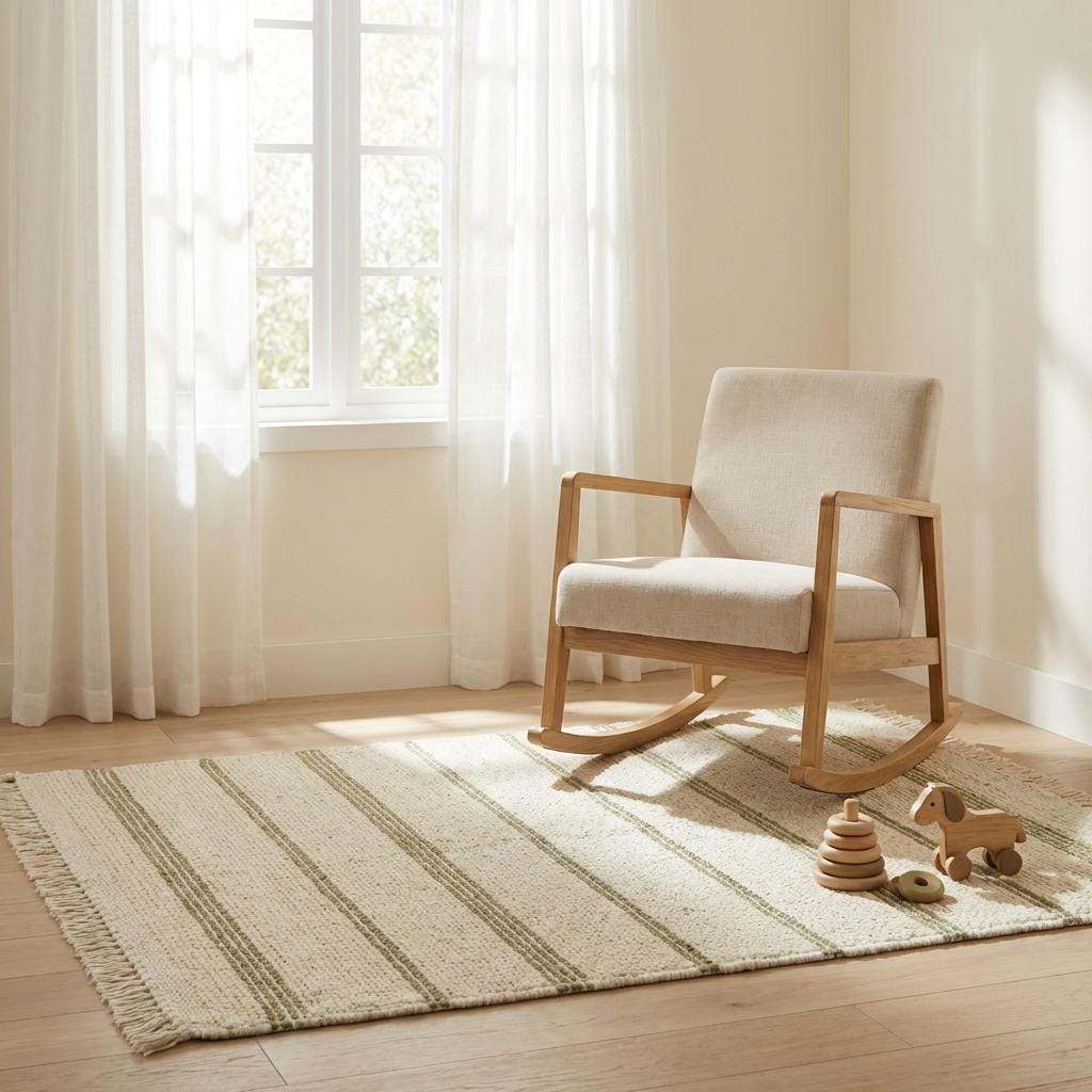Handwoven wool area rug with chunky knit, cream base, green stripes, and tassels for cozy home décor