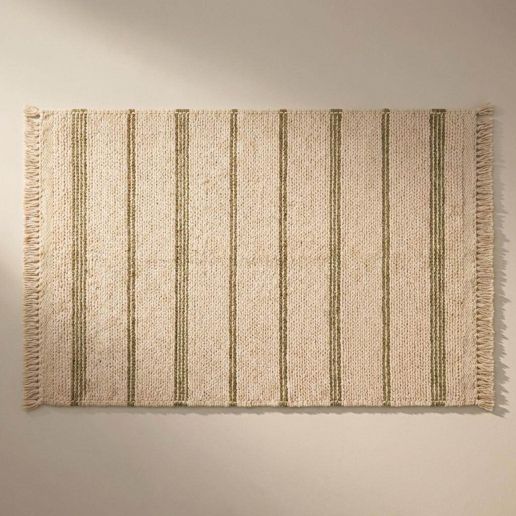 Handwoven wool area rug with chunky knit, green stripes, tassels, and cream base in cozy minimalist interior