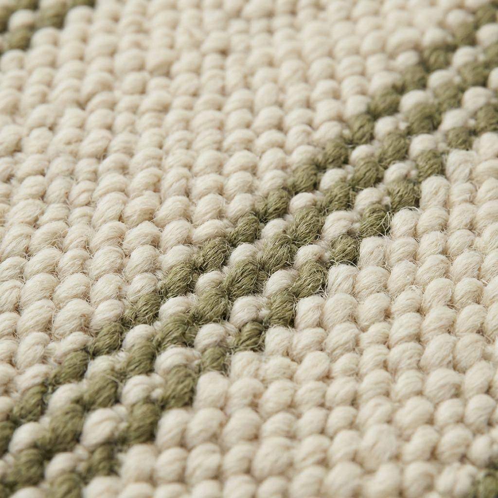 Handwoven wool area rug with chunky knit, green stripes, and tassels in a cozy neutral room