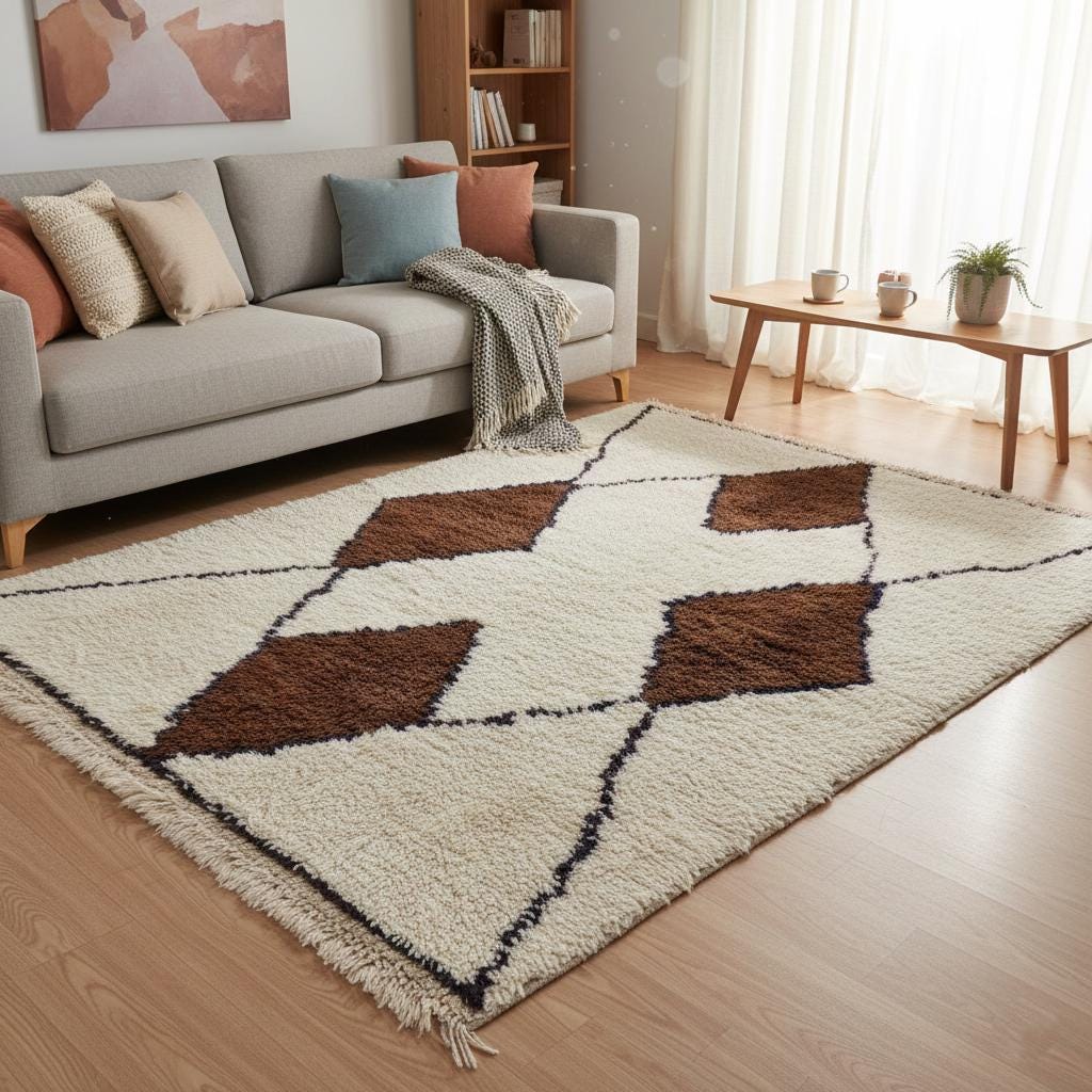 Handwoven wool Beni Ourain rug with ivory background and brown diamond motifs