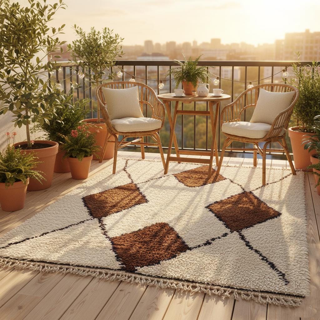 Handwoven Wool Beni Ourain rug with ivory pile and brown diamond Moroccan design