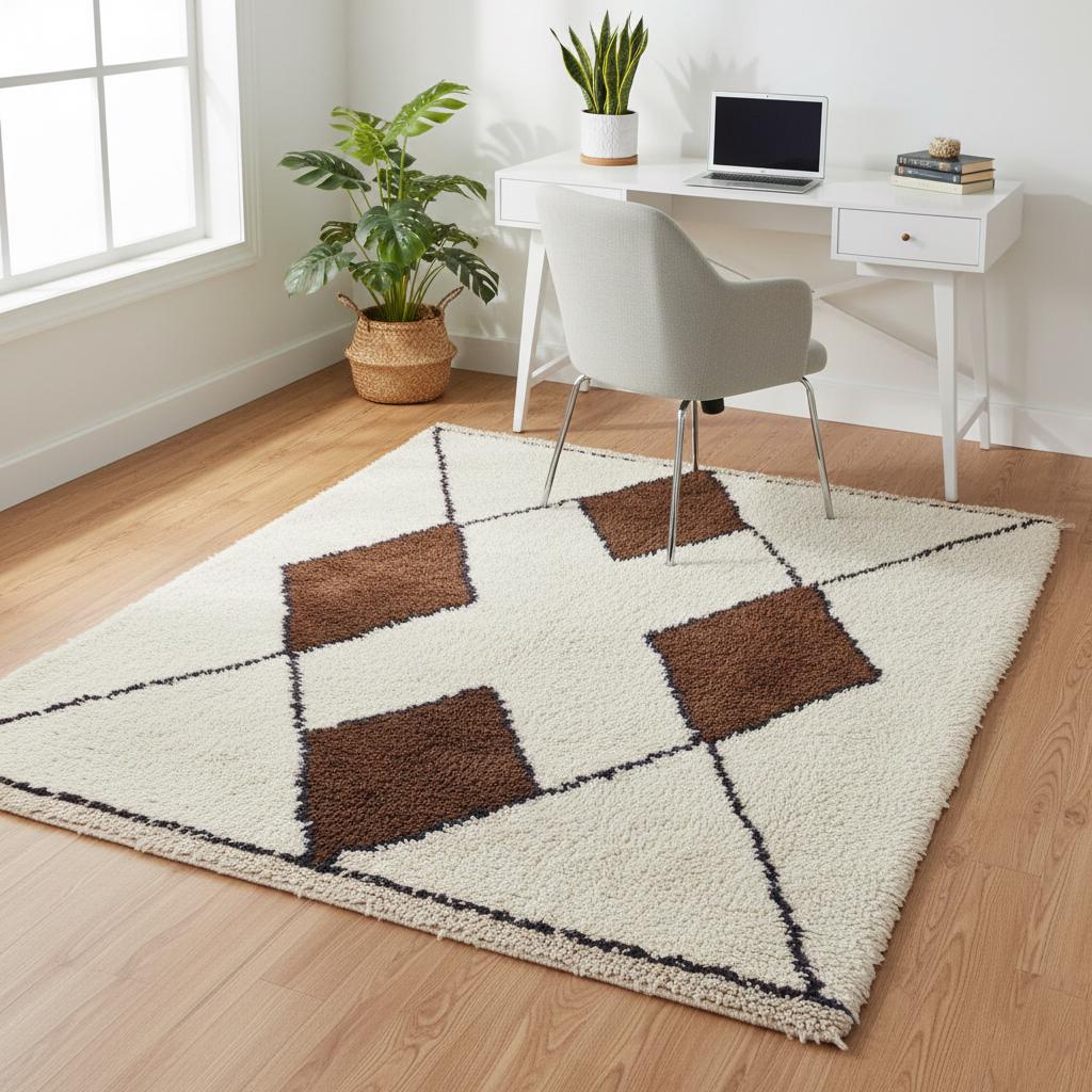 Handwoven wool Beni Ourain rug with ivory pile and brown diamond Moroccan design