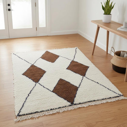 Handwoven wool Beni Ourain rug with ivory background and brown diamond Moroccan design