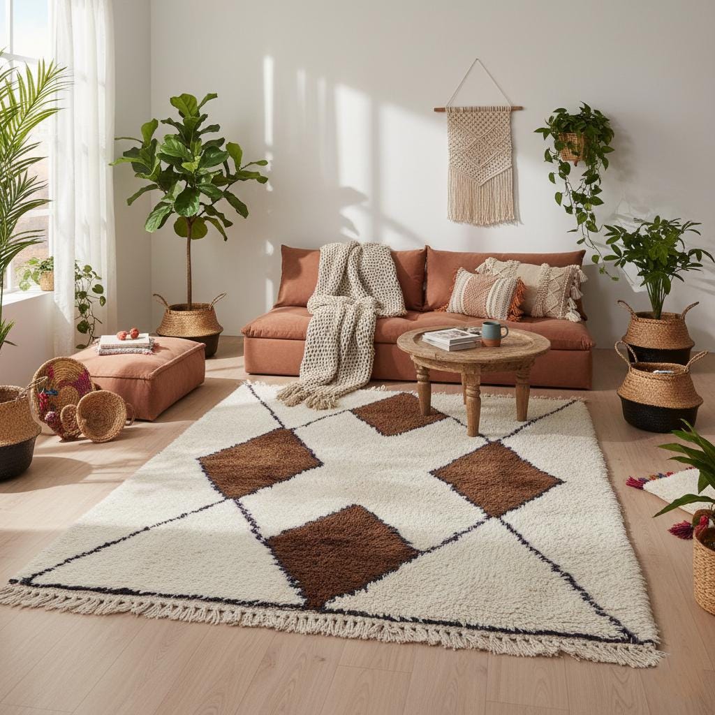 Handwoven Wool Beni Ourain Rug ivory with brown Moroccan diamond pattern