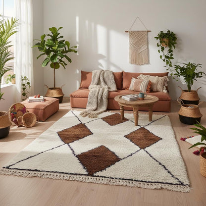 Handwoven Wool Beni Ourain Rug ivory with brown Moroccan diamond pattern