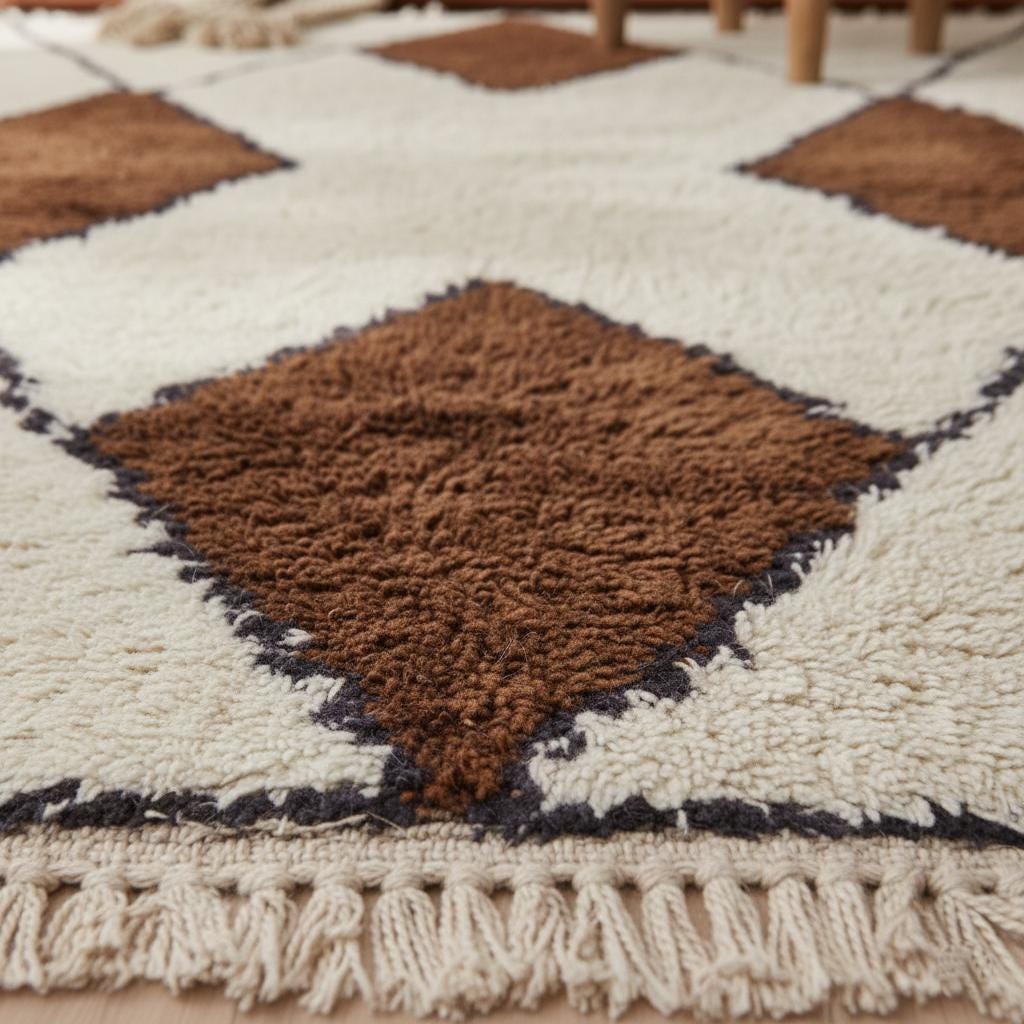 Handwoven wool Beni Ourain rug with ivory background and brown diamond Moroccan design
