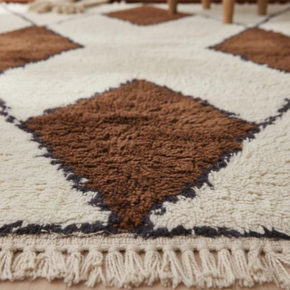 Handwoven wool Beni Ourain rug with ivory background and brown diamond Moroccan design