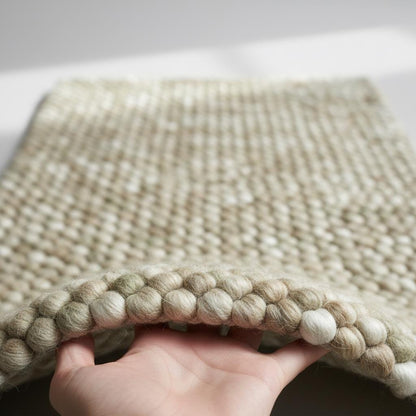 Handwoven Wool Pebble Rug – Sage Green & Cream, Boho Nursery Rug