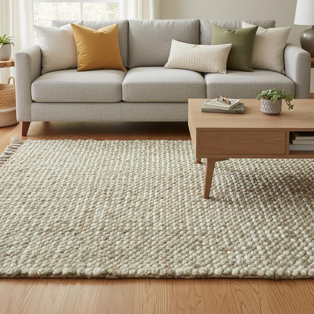 Handwoven Wool Pebble Rug – Sage Green & Cream, Boho Nursery Rug