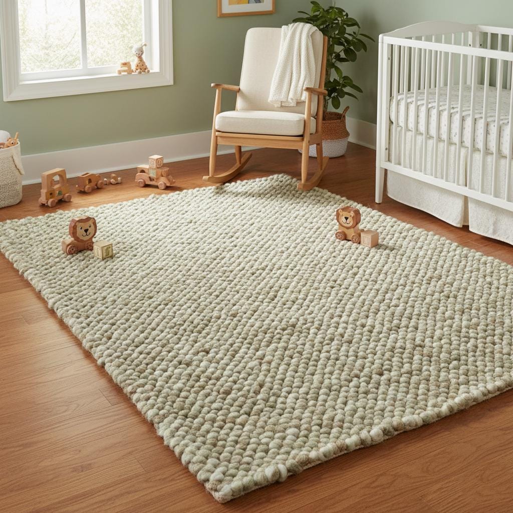 Handwoven Wool Pebble Rug – Sage Green & Cream, Boho Nursery Rug