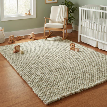 Handwoven Wool Pebble Rug – Sage Green & Cream, Boho Nursery Rug