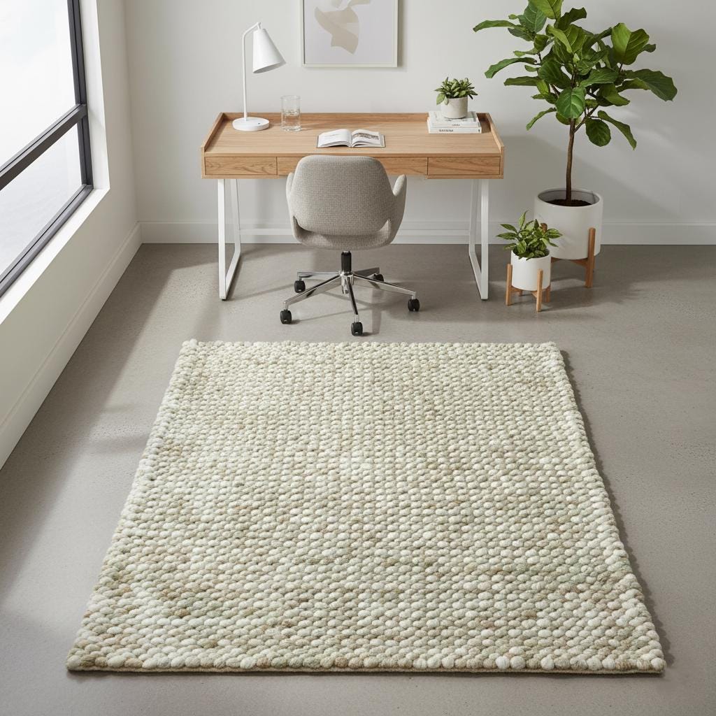 Handwoven Wool Pebble Rug – Sage Green & Cream, Boho Nursery Rug