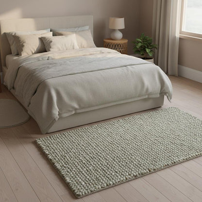 Handwoven Wool Pebble Rug – Sage Green & Cream, Boho Nursery Rug