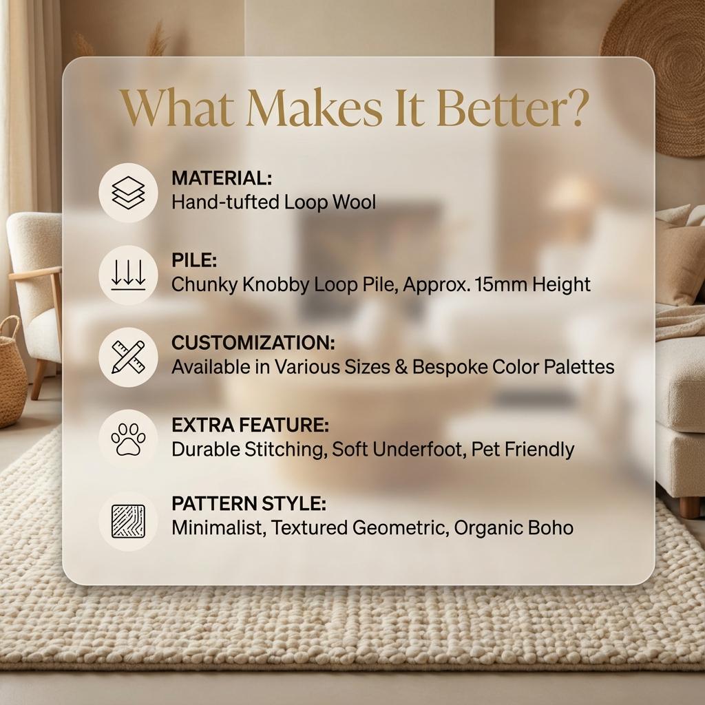 Handwoven Wool Rug, Chunky Loop Pile Area Rug, Neutral Ivory Wool Carpet, Scandinavian Minimalist Rug, Modern Cozy Living Room Floor Decor