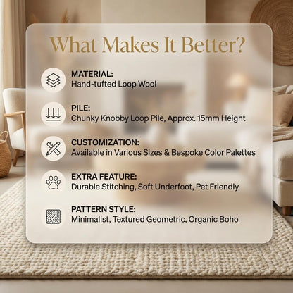 Handwoven Wool Rug, Chunky Loop Pile Area Rug, Neutral Ivory Wool Carpet, Scandinavian Minimalist Rug, Modern Cozy Living Room Floor Decor