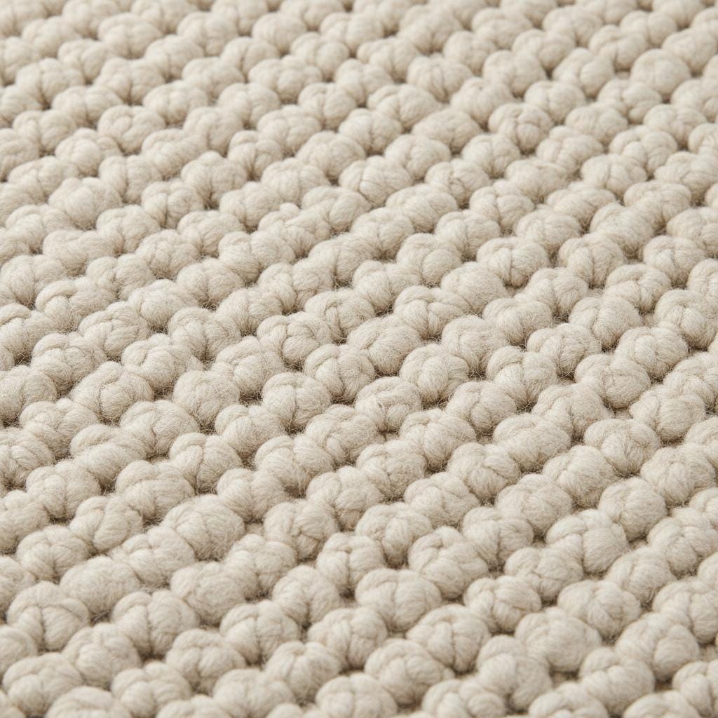 Close-up of thick loop pile wool rug showing natural fibers and cozy handmade construction