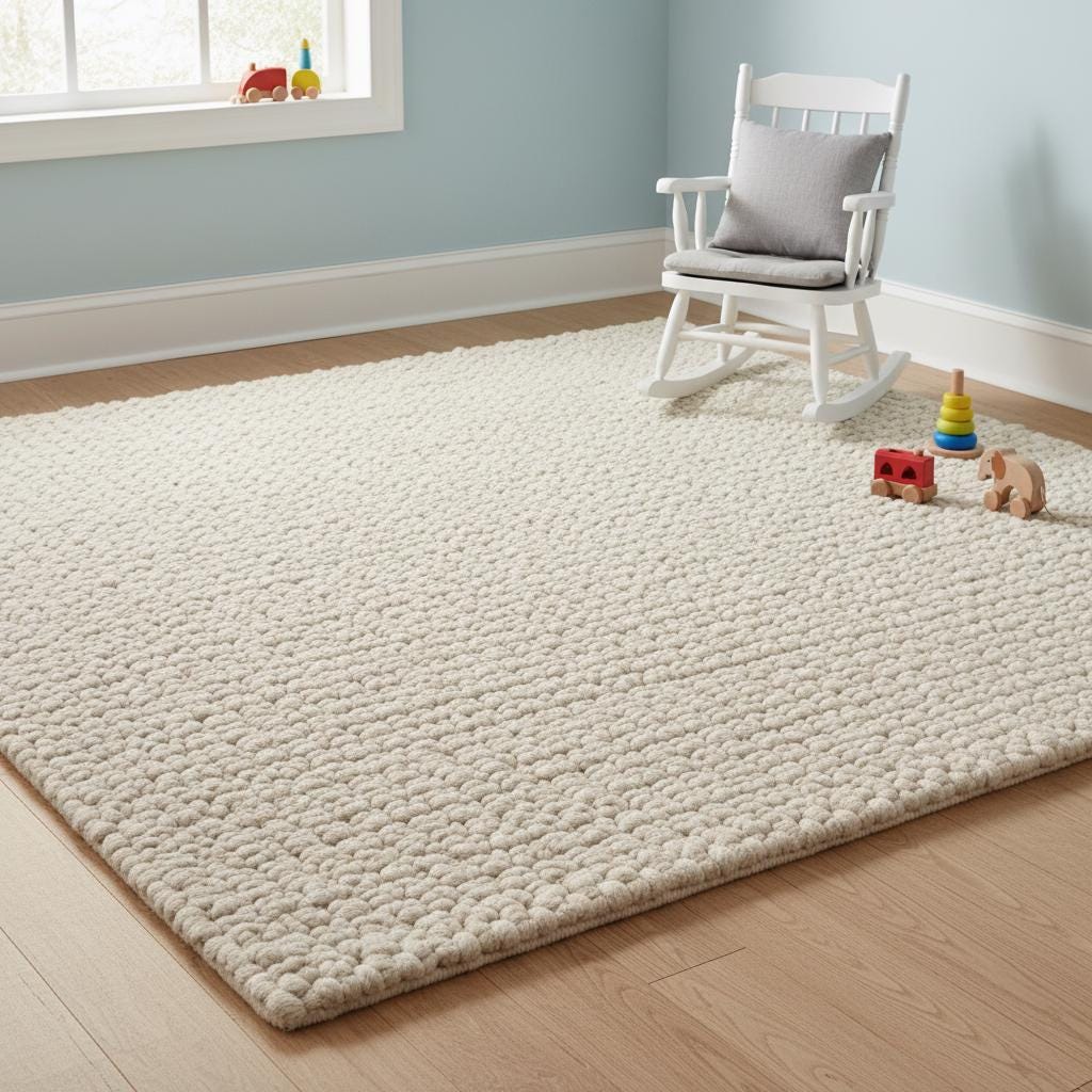 Natural wool carpet in cream tone, featuring durable handwoven loop pile texture