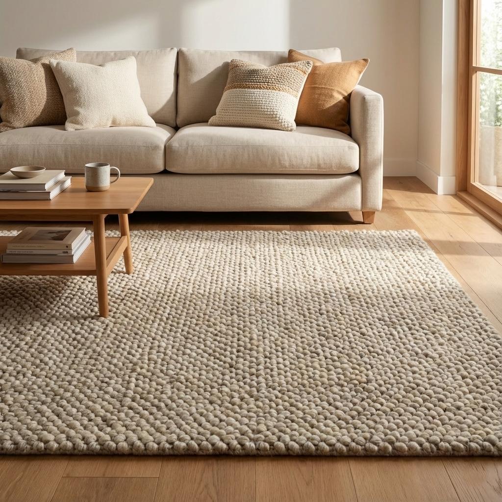 Handwoven chunky Wool Pebble Rug, Neutral Beige Textured Area Rug, Scandinavian Minimalist Living Room Carpet, Thick Cozy Natural Home Decor