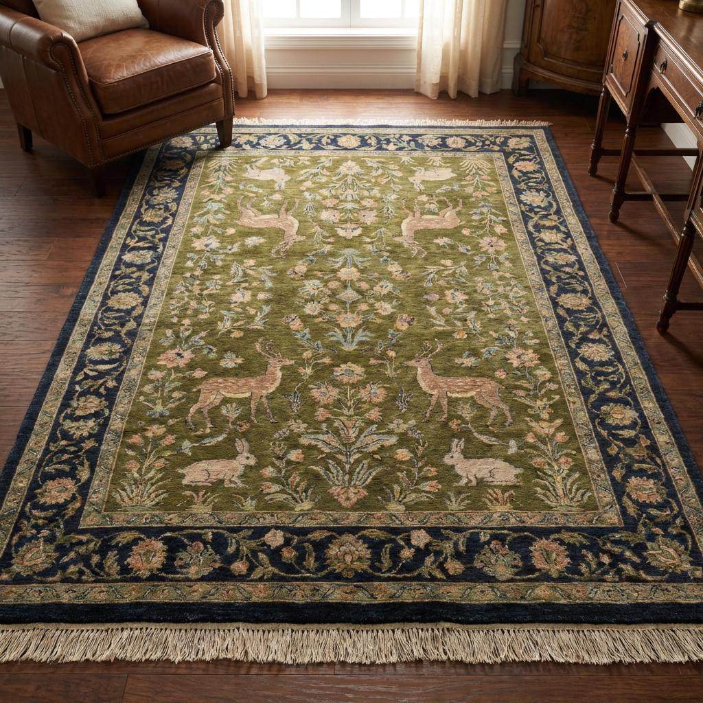 Indo-Persian hand-knotted wool area rug with animal floral pattern in living room setting