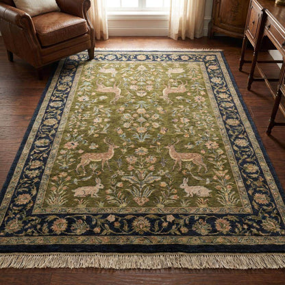 Indo-Persian hand-knotted wool area rug with animal floral pattern in living room setting