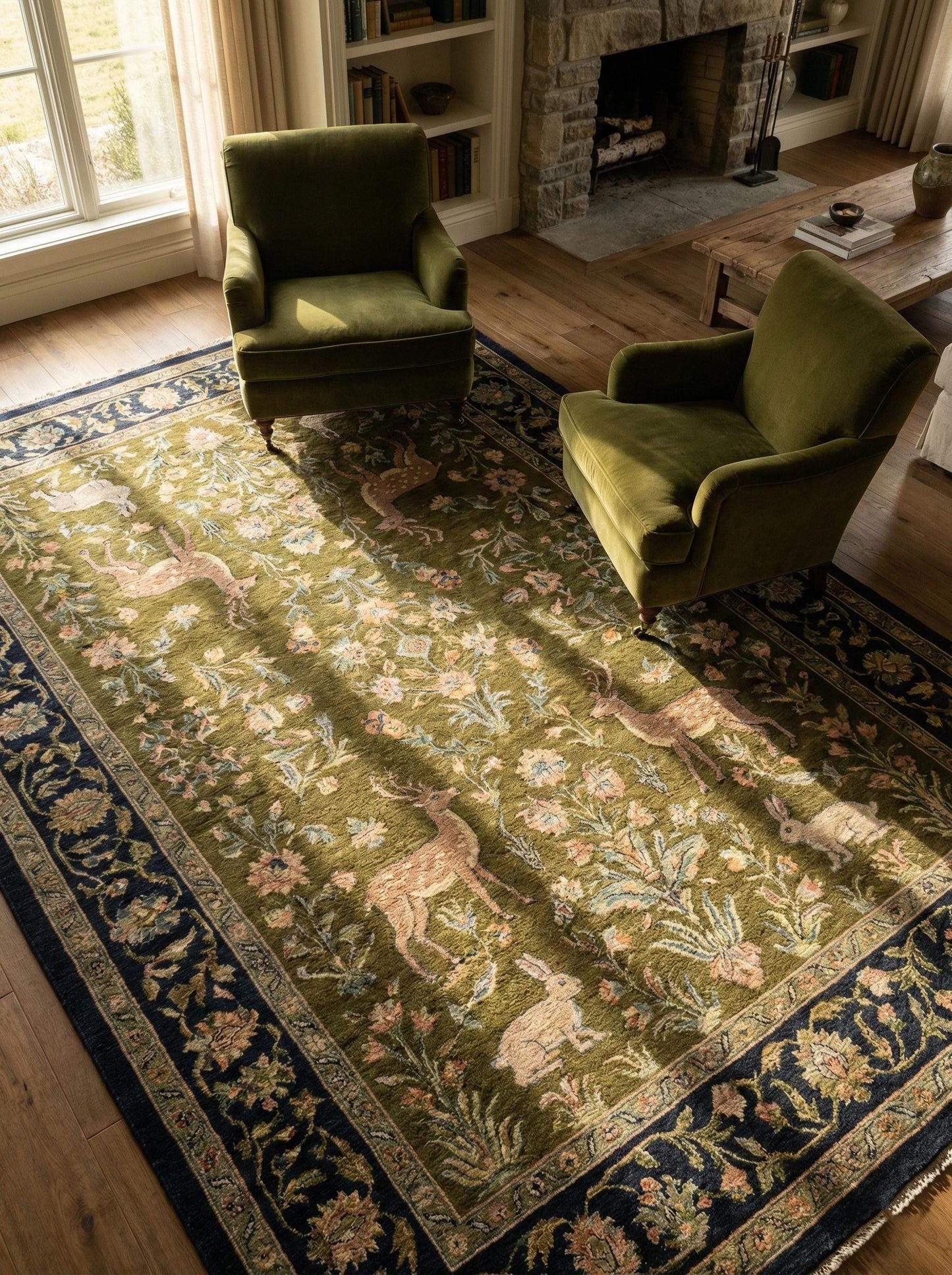Indo-Persian hand-knotted wool rug with animal floral pattern in living room