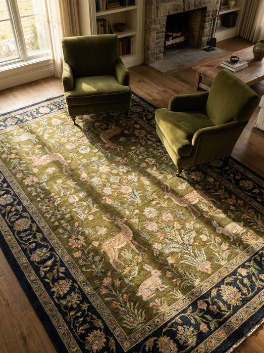 Indo-Persian hand-knotted wool rug with animal floral pattern in living room