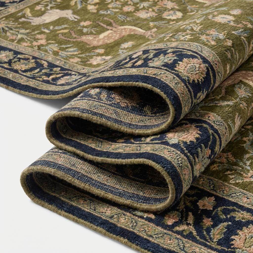 Indo-Persian hand-knotted wool area rug with animal floral pattern in living room setting