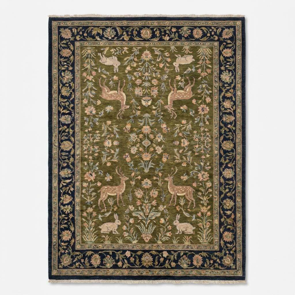 Indo-Persian hand-knotted wool area rug with animal floral pattern in living room setting